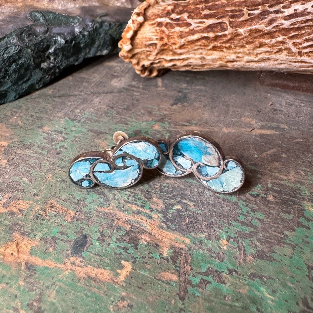 Turquoise Sterling Silver Southwestern Inlay Earrings Vintage Navajo Style - Picture 4 of 6